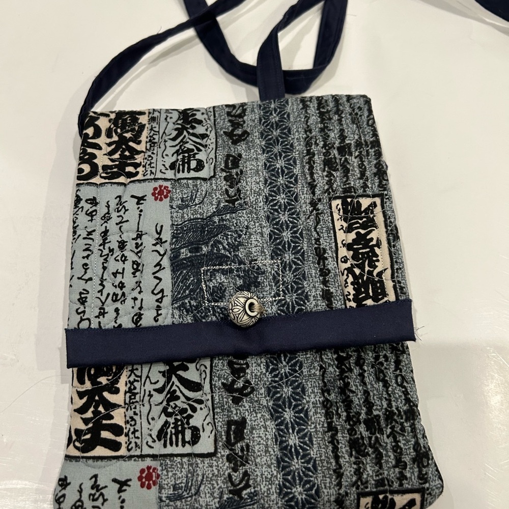 Stylish Handcrafted Black and Gray Crossbody Bag with vintage Japanese script
